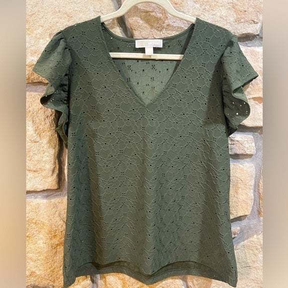 Michael Kors Tops - Michael Kors Eyelet Ruffle Sleeve Blouse Large Dark Hunter Army Green Top